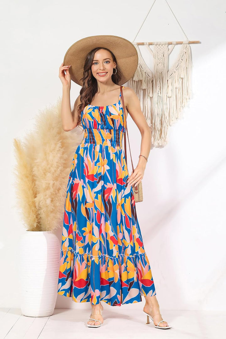GRACE KARIN Damen Ärmellos Blumenkleid Maxikleid Casual Cami-Kleid Böhmisch Kleid Spaghettiträger Sm