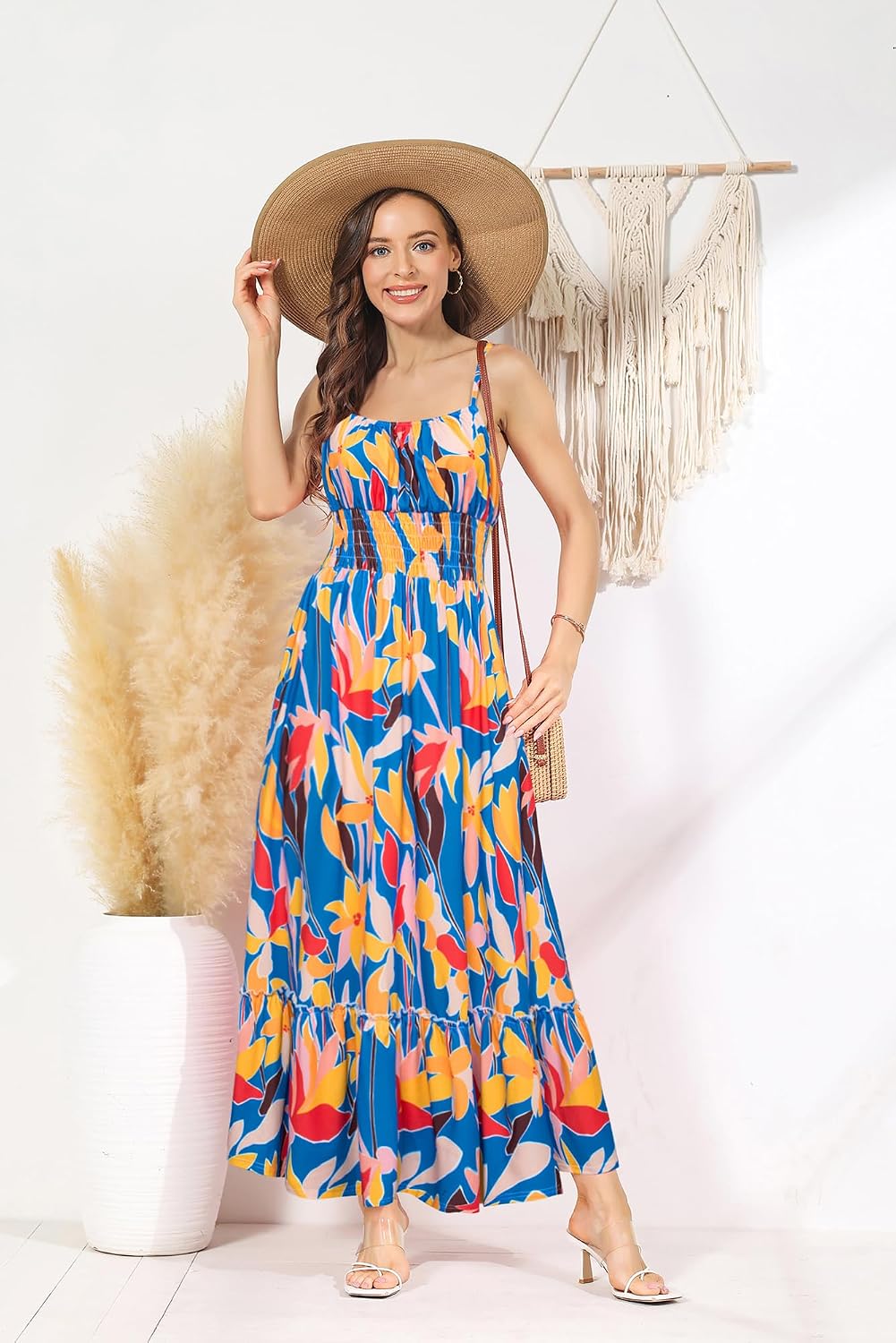 GRACE KARIN Damen Ärmellos Blumenkleid Maxikleid Casual Cami-Kleid Böhmisch Kleid Spaghettiträger Sm