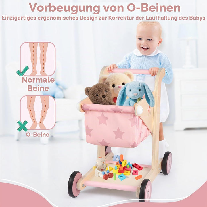 Asweets 2-in-1 Lauflernwagen Holz, Puppenwagen zum Schieben und Ziehen, Baby Walker, Kleinkindspielz