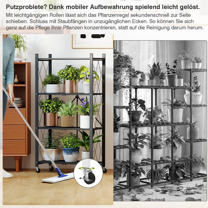 ALANNG Blumenständer mit Rädern, 4 Ablagen Stabiler Pflanzenständer, Metall Pflanzenregal Indoor Ein