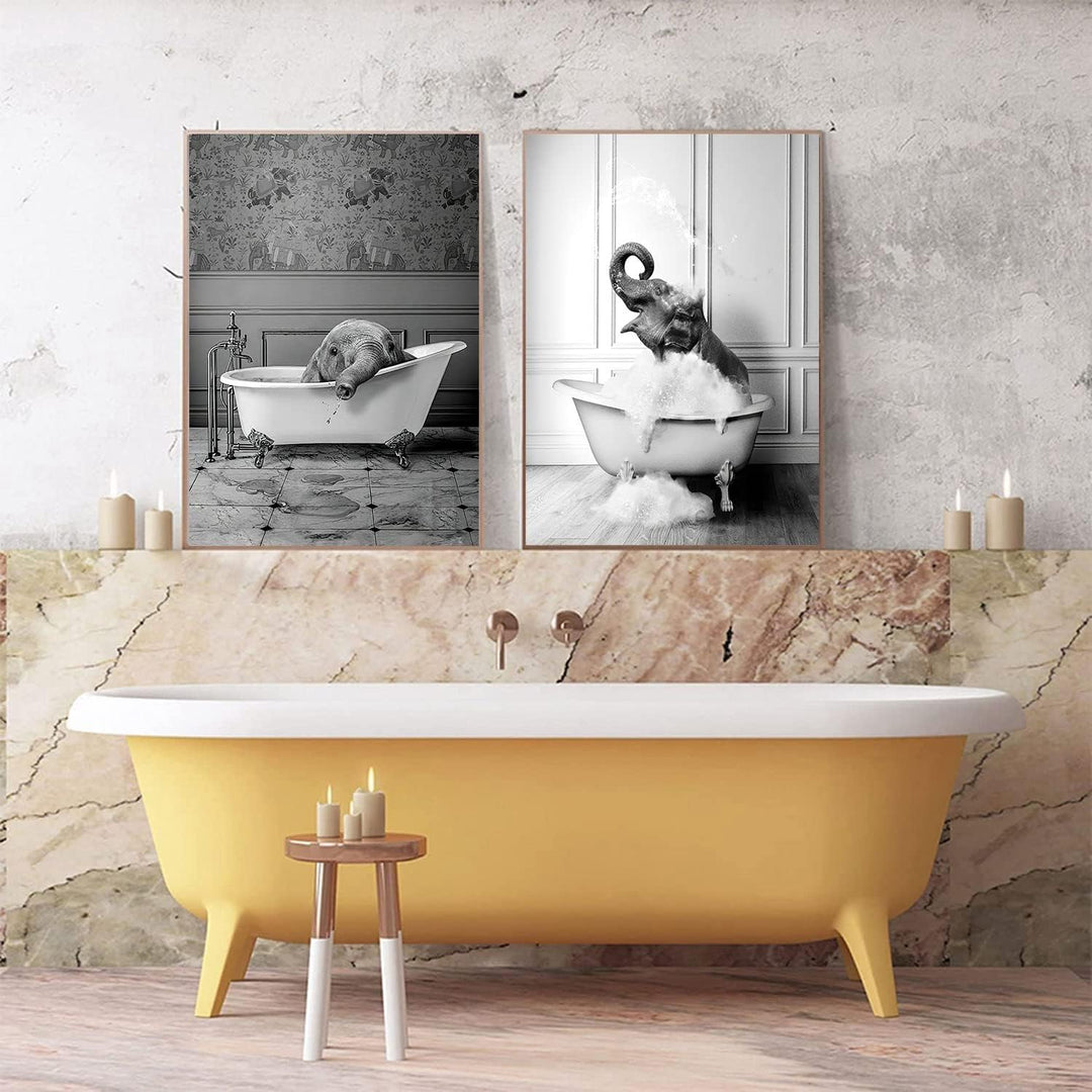 WADBTP Badezimmer Bilder,Schwarz Weiss Bilde,Lustige Tier in der Badewanne Leinwand Bilder für Wohnz