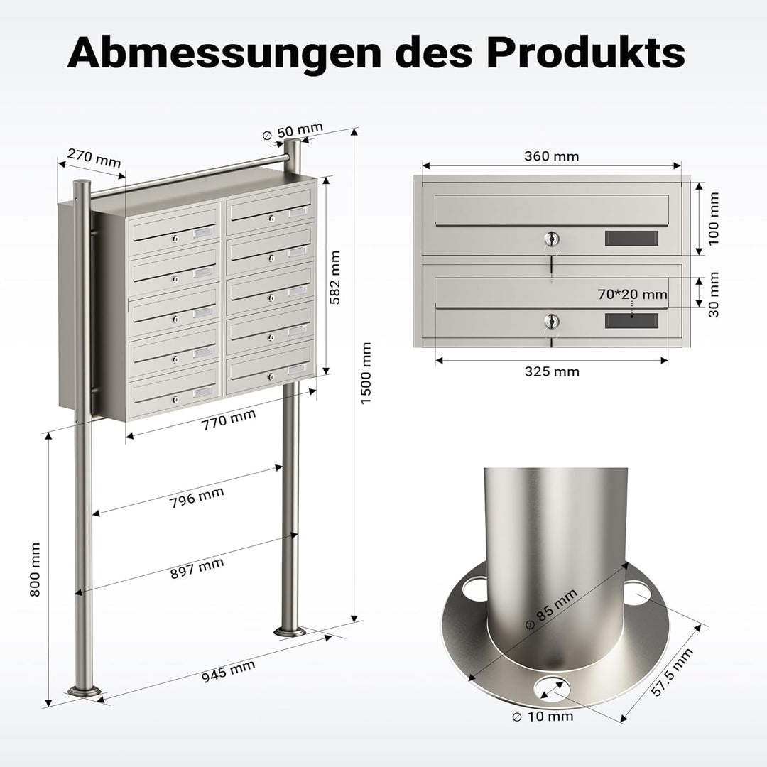 Wiltec 10er Briefkastenanlage Edelstahl 945 x 270 x 1500 mm, Standbriefkasten mit 2x5 Fächern, Schlü