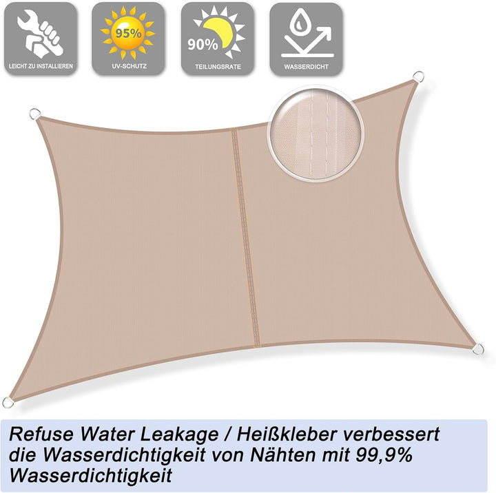 Sunnylaxx 2x4m Sonnensegel Rechteckig, Wasserdicht Sonnenschutz Sunsegel Color Taupe, 95% UV-Schutz,