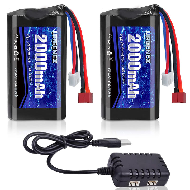 URGENEX 7.4 V Li-ion Battery 2000 mAh 2S Battery with Deans T Plug for RC Cars Boats Trucks with 1 t