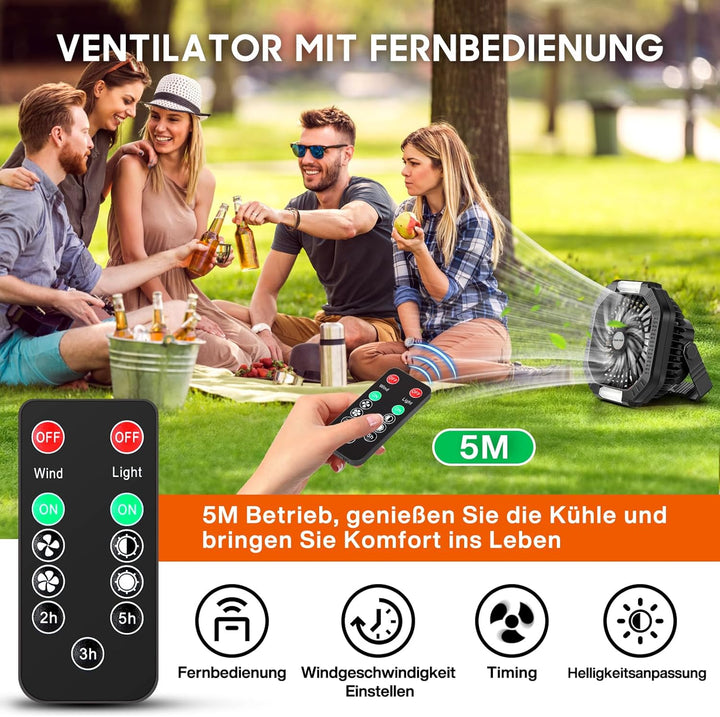 Camping Ventilator, 10000 mAh Ventilator USB-Tischventilator mit Licht, Haken und Paracord-Armband,