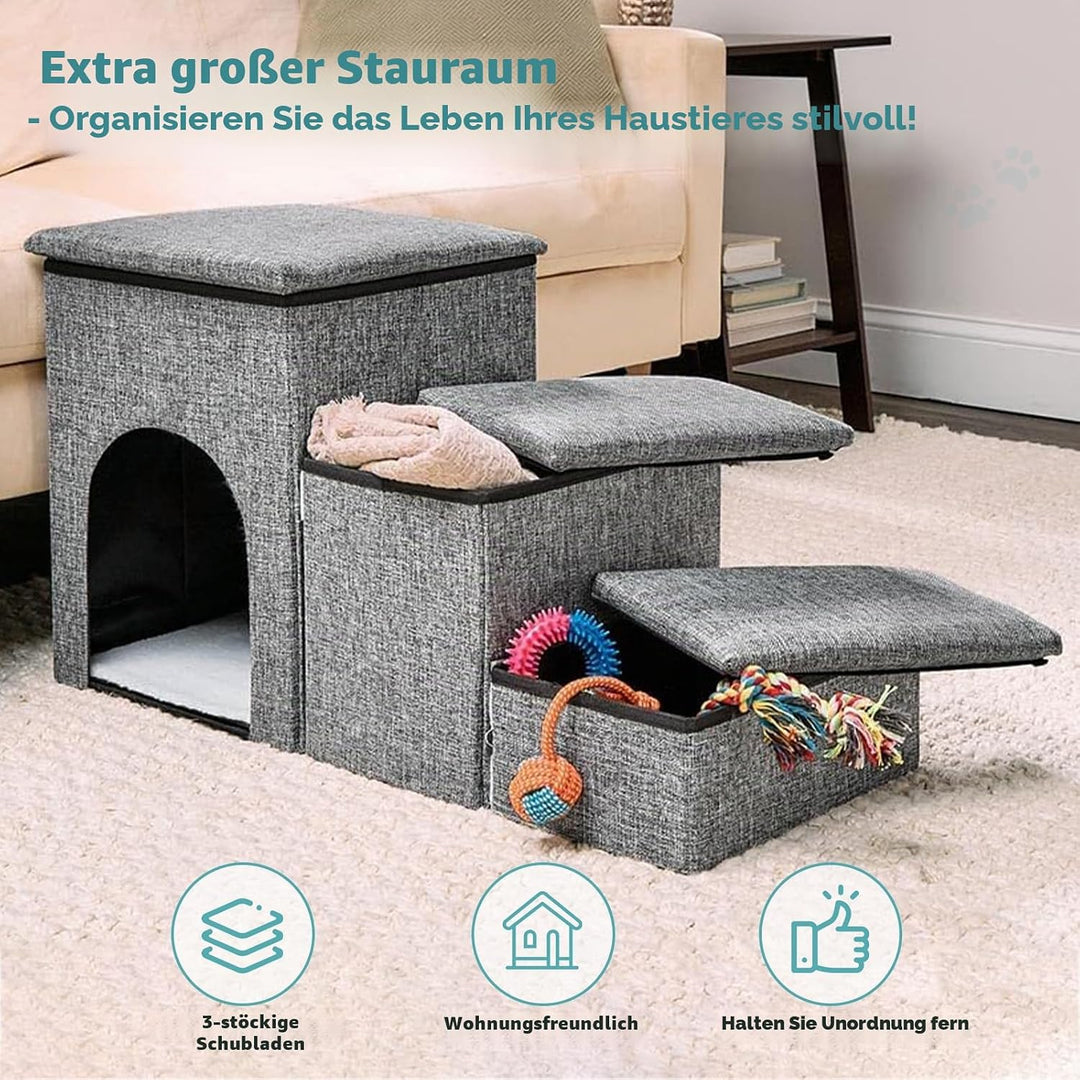 Hundetreppe für Kleine Hunde 3 Stufen - Haustiertreppe mit Stauraum - Breite Dog Stairs Faltbare mit