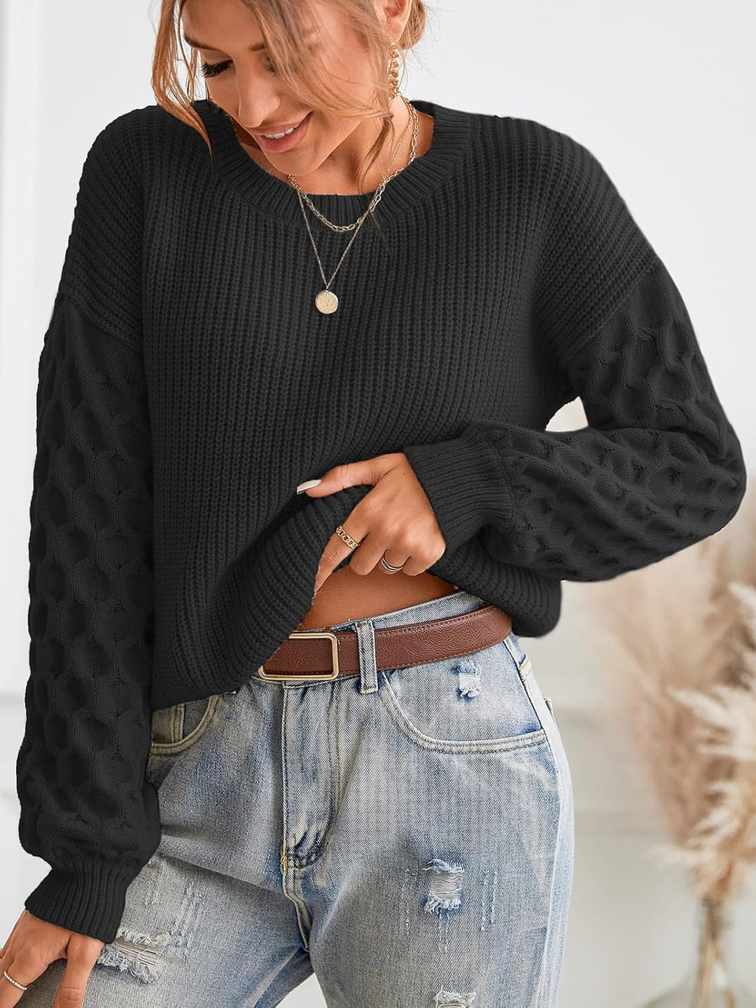 CUPSHE Damen Strickpullover Rundhals Langarm Feinstrick Pulli Jumper Oberteile Tops Honeycomb Knit S