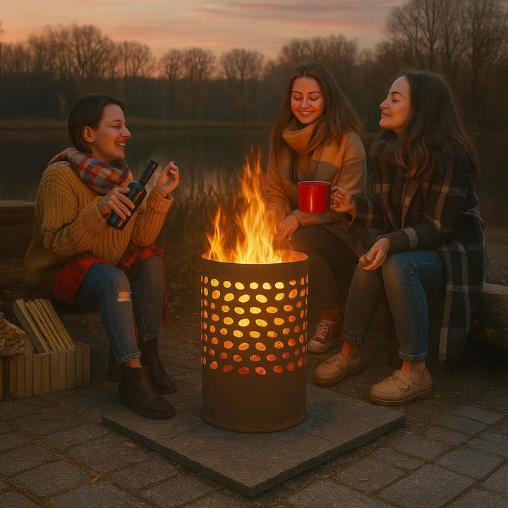 Relaxdays Feuertonne mit Funkenschutz, mit Schürhaken &amp; Feuerrost, Outdoor Feuerkorb, HxD: 60x37 cm,