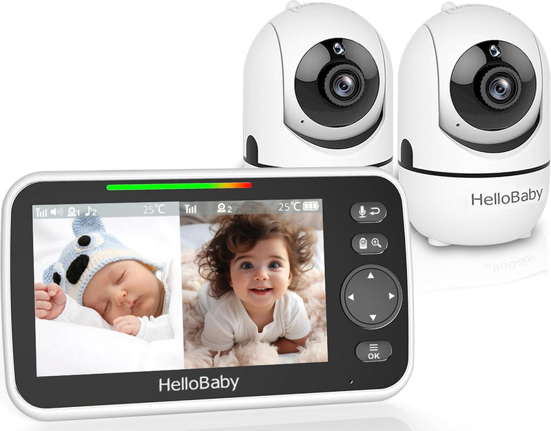 HelloBaby Babyphone mit 2 Kameras und Nachtsicht, 12,7 cm (5 Zoll) geteilter Bildschirm mit 26-Stund
