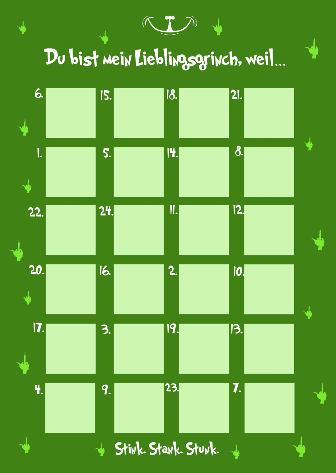 Adventskalender zum Rubbeln "GRINCH" A3 Weihnachtskalender Sprüche Affirmation