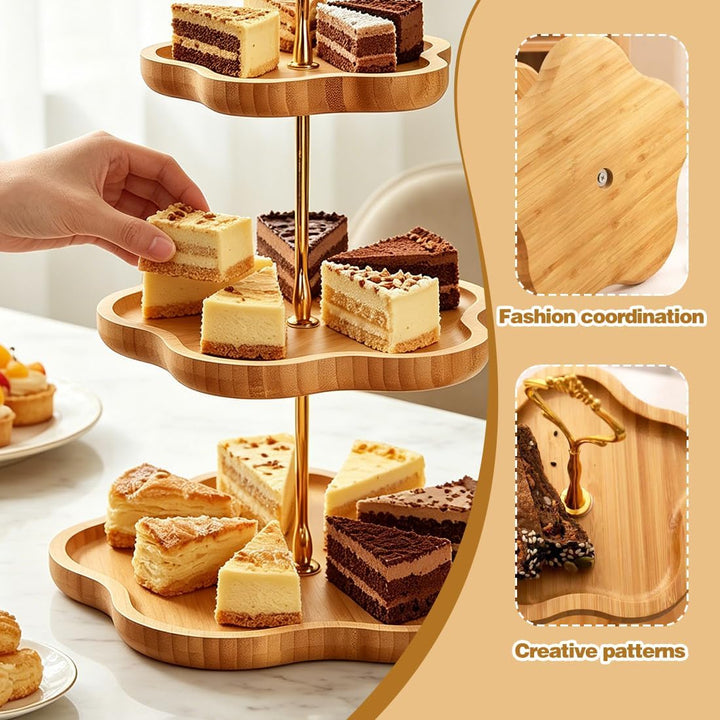 Etagere 3 Etagen aus Bambus, Cupcake Ständer 30 25 20 cm, Tortenständer Holz mit Metallgriff, Servie