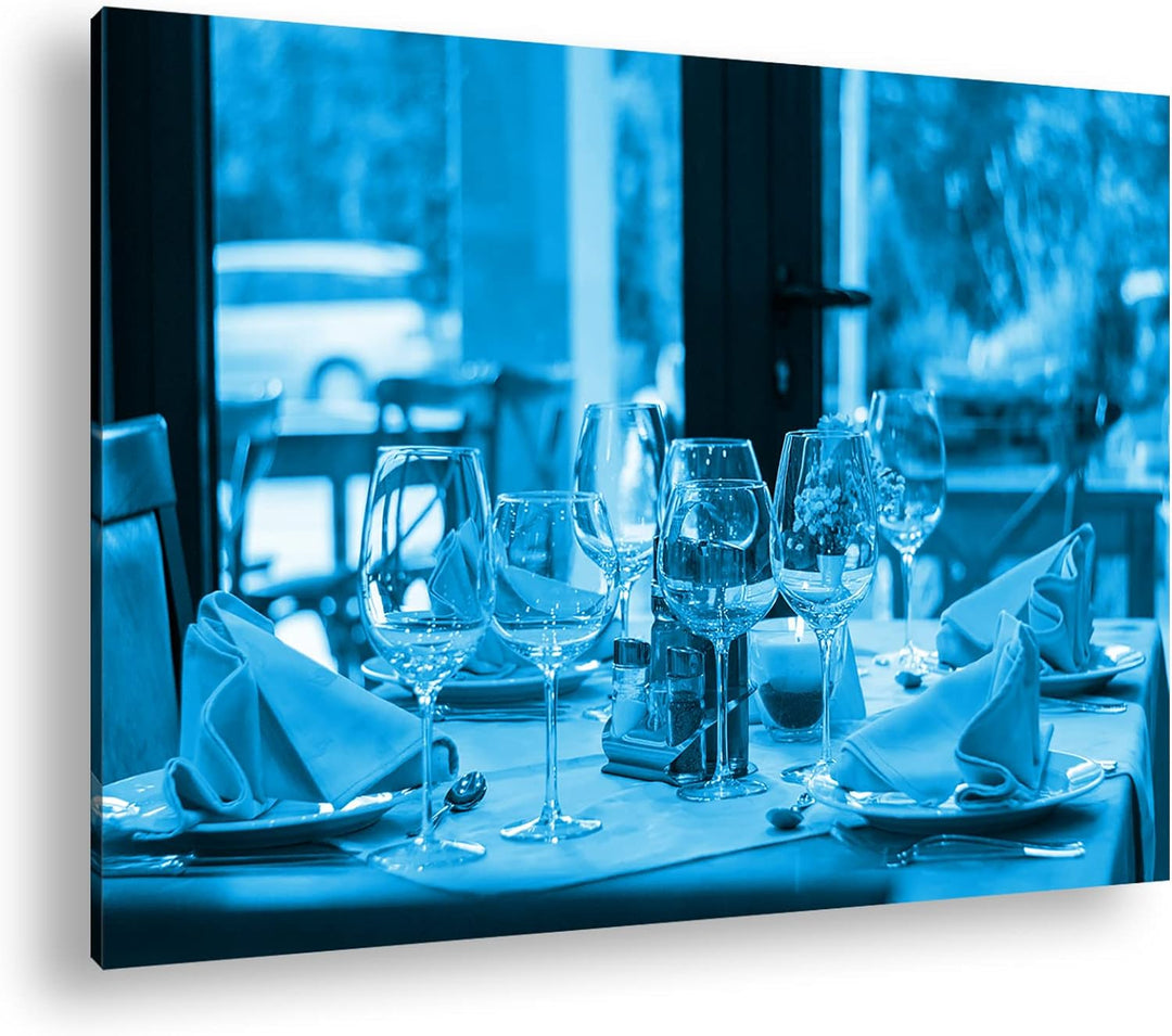 deyoli edles Restaurant Format 80x60 Effekt: Monocrome Blau als Leinwandbild, Motiv fertig gerahmt a