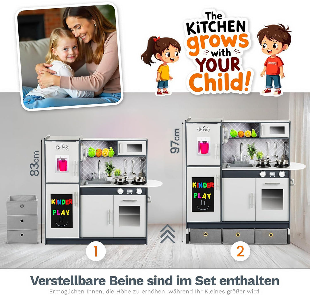 Green series Grosse Spielküche Holz - Graue Kinderküche Holz, Kinder küche mit Licht und Sound, Spie