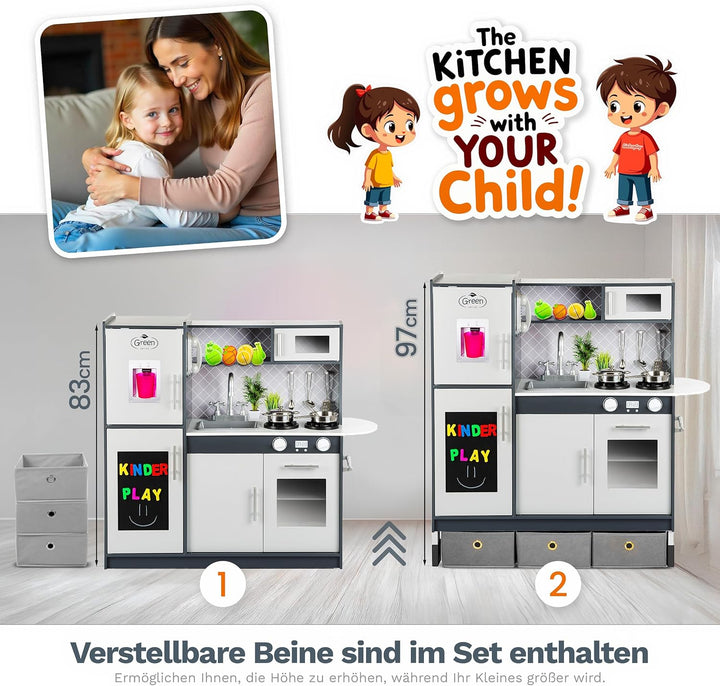 Green series Grosse Spielküche Holz - Graue Kinderküche Holz, Kinder küche mit Licht und Sound, Spie