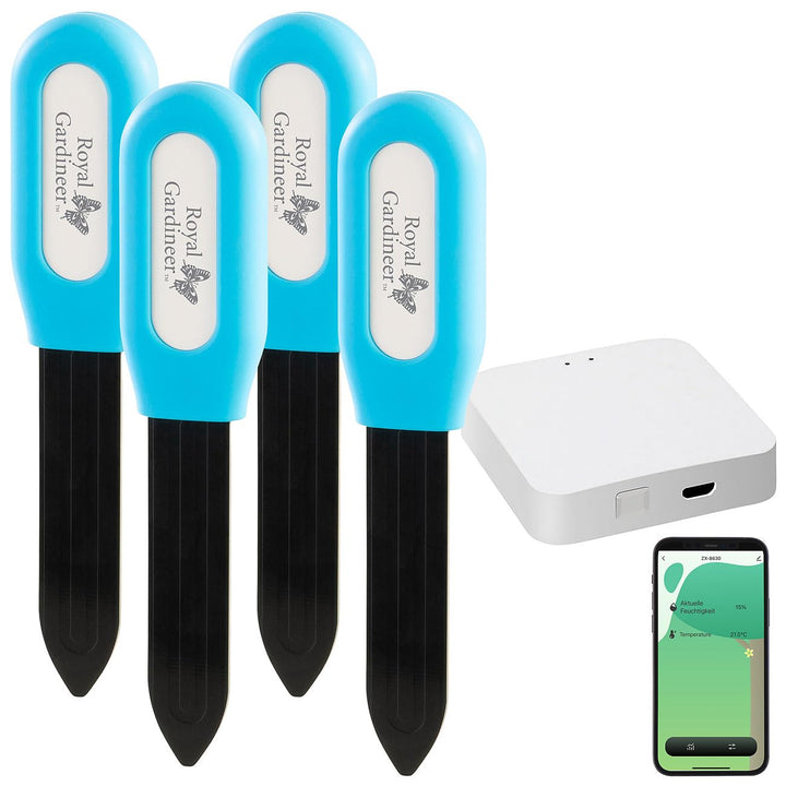 Luminea Home Control Bodenfeuchtigkeitssensor: 4X Pflanzen-Bodenfeuchtigkeits- & Temperatursensor +