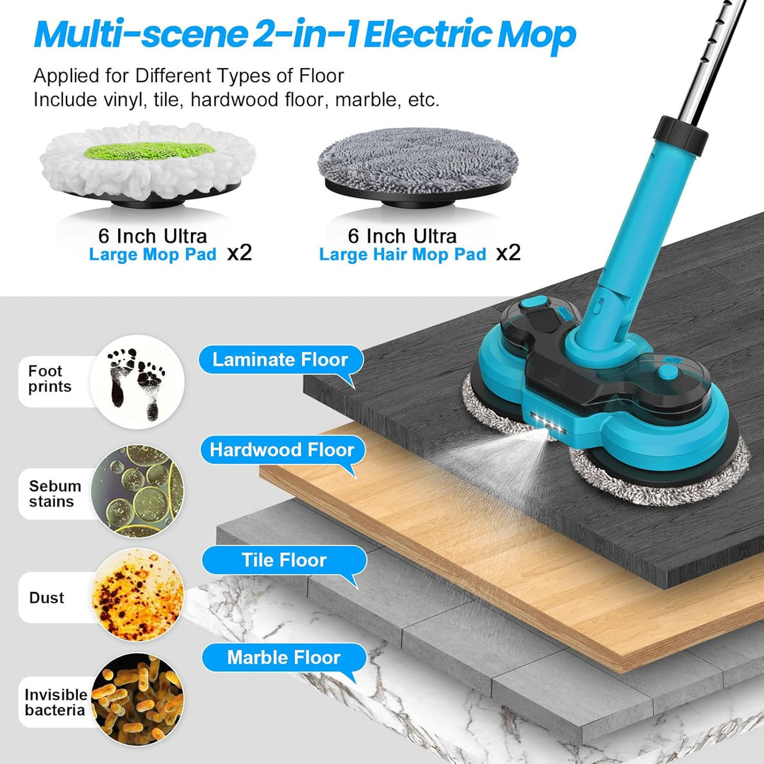 Elektrischer Mopp mit 2x2000 mAh Akkus, Bodenreiniger Spin Mop, Bodenwischer Elektrisch Kabellos, Wi