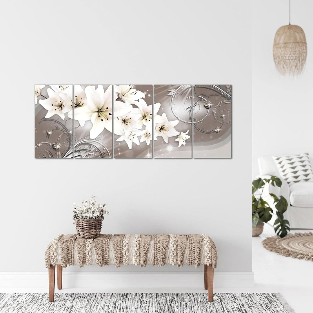Runa Art Wandbild XXL Blumen Lilien Wohnzimmer Schlafzimmer 200 x 80 cm Beige Braun 5 Teilig - Made