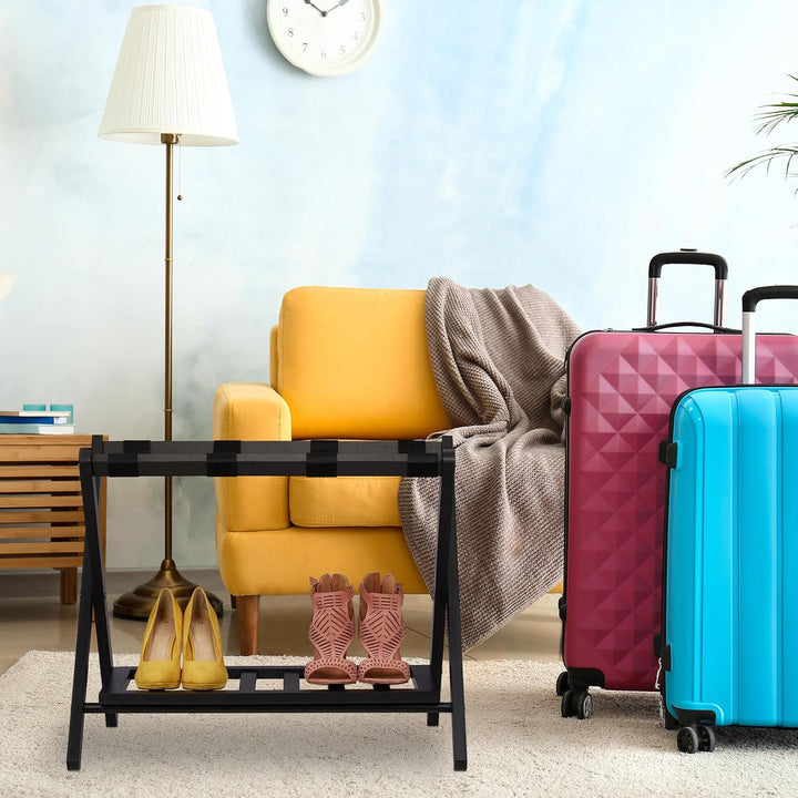 Relaxdays Kofferständer klappbar, 2er Set, Holz, HxBxT: 54 x 66 x 45 cm, 2 Ablagen, Kofferaufbewahru