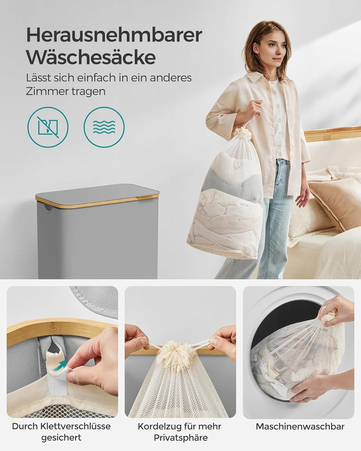 SONGMICS Wäschekorb mit Deckel, Wäschesammler mit 2 Fächern, 130 L, herausnehmbarer Wäschesack, Oxfo