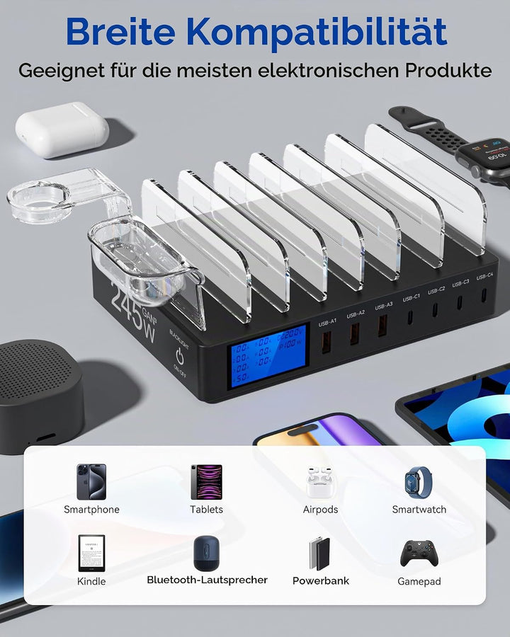 Ladestation Mehrere Geräte, 245W 7-Port-Handy Ladestation mit LCD-Anzeige, 100W PD USB C Schnelllade