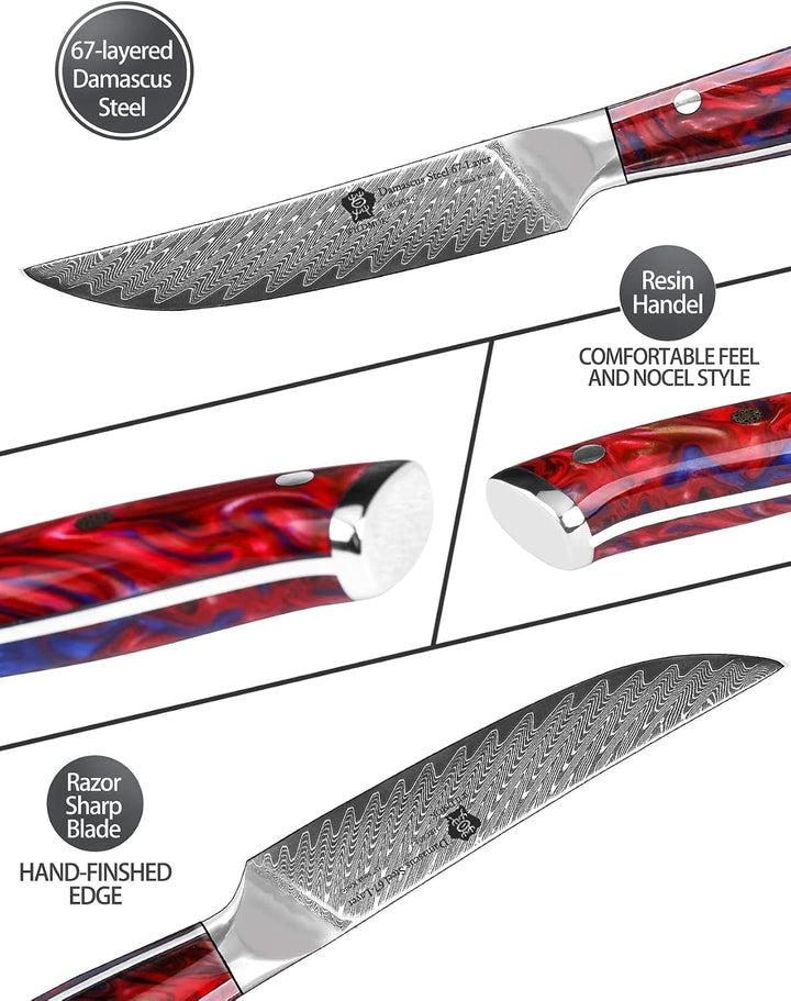 WILDMOK Steakmesser-Set mit 4 Damaststahl-Steakmessern 12,7cm, ultrascharf, gezahntes Steakmesser-Se
