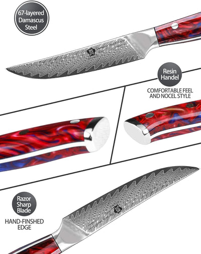 WILDMOK Steakmesser-Set mit 4 Damaststahl-Steakmessern 12,7cm, ultrascharf, gezahntes Steakmesser-Se
