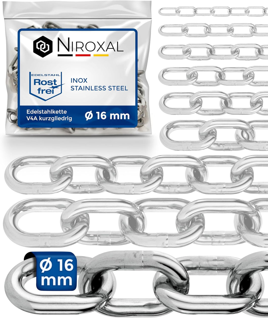 100cm = 1 meter 16mm starke Edelstahlkette Meterware V4A Kette kurzgliedrig am Stück Ankerkette A4 D