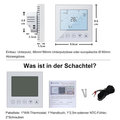 KETOTEK Smart Thermostat Fussbodenheizung Elektrisch WiFi 16A Alexa Google Assistant Kompatibel, Dig