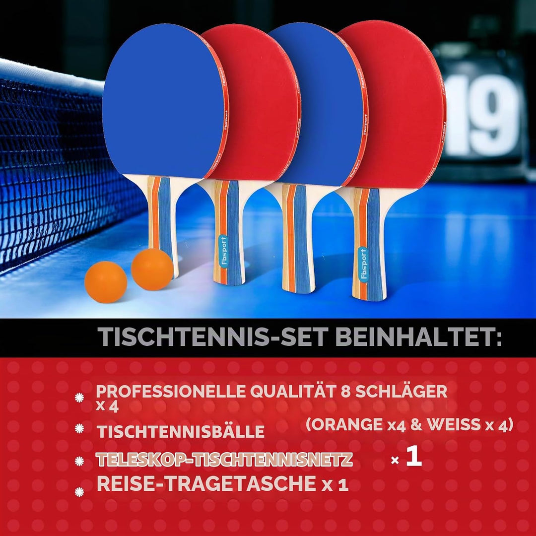 Tischtennisschläger Set Profi, Tischtennis Set mit 4 Schläger, Einziehbarem Netz, 8 Tischtennis Bäll