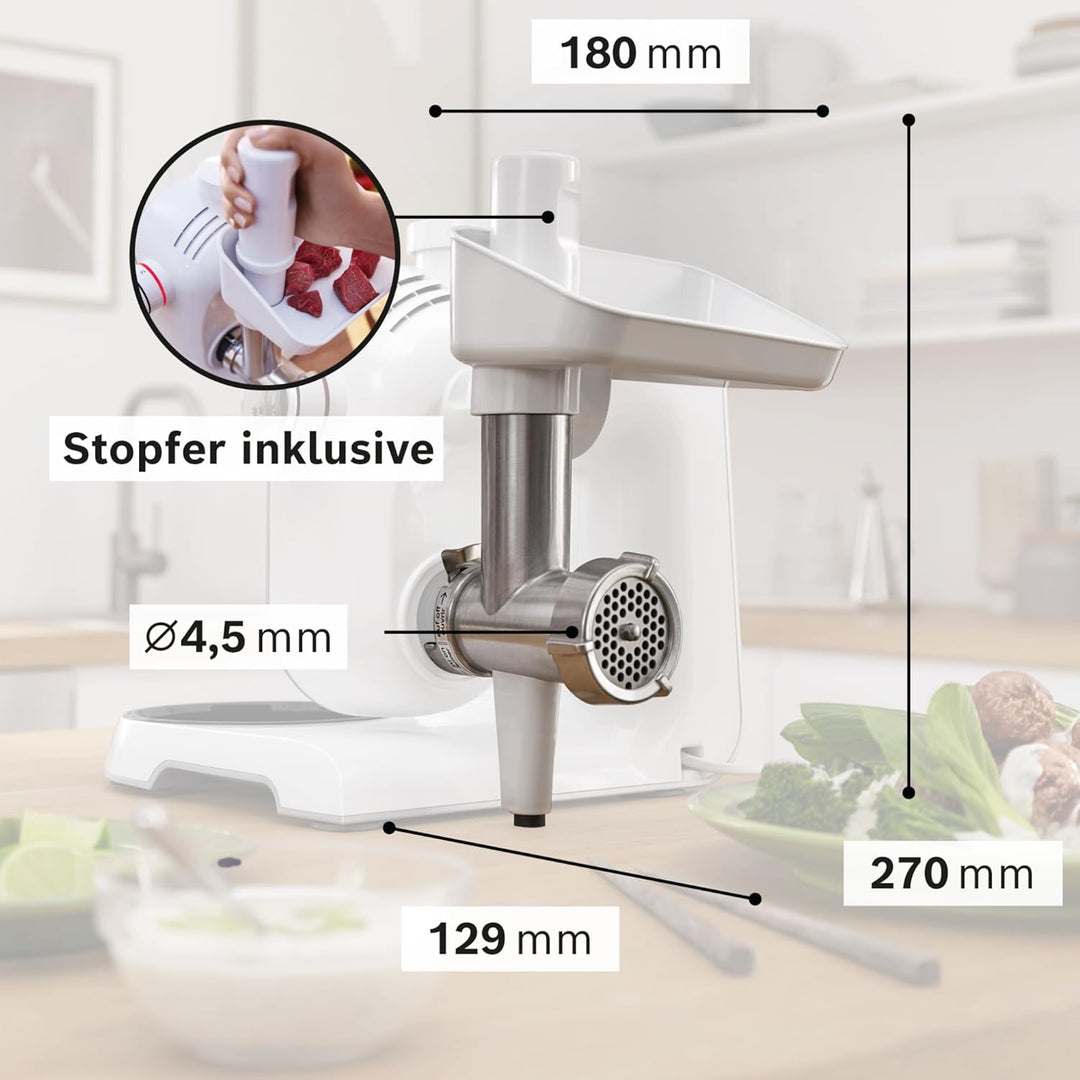Bosch Fleischwolf MUZ5FW1, Fleischwolf-Aufsatz, Stopfer, Edelstahl Loch-Scheibe 4,5 mm, auch für Fis