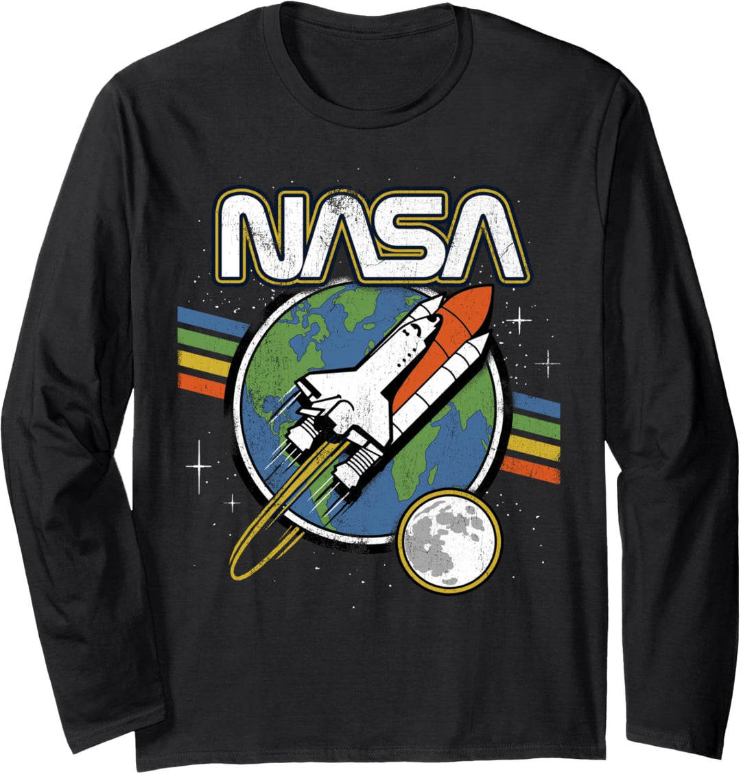 NASA Blast Off Retro Rainbow Stripes Langarmshirt