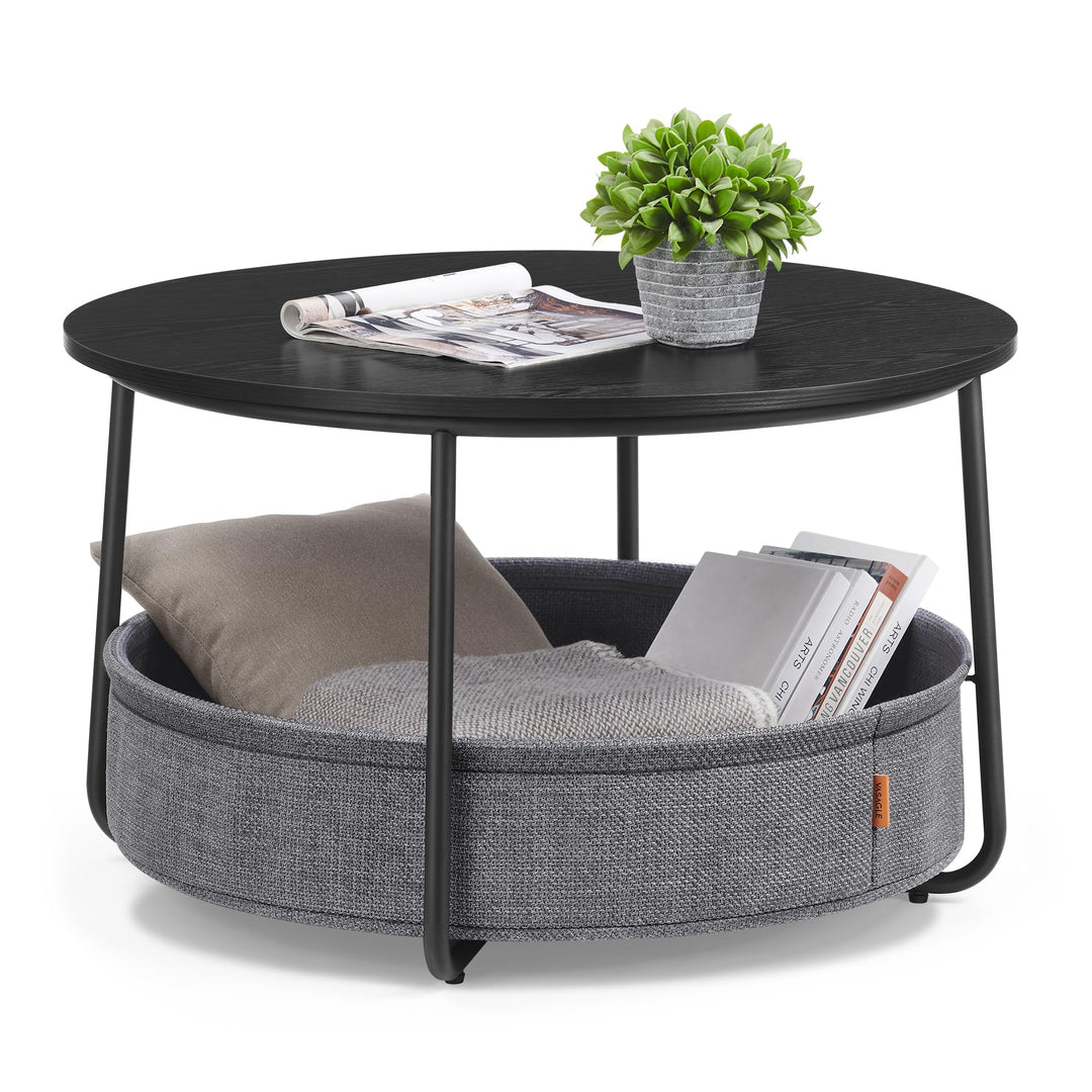 VASAGLE Couchtisch rund, Tisch mit Stauraum, Beistelltisch, Wohnzimmertisch mit Korb aus Stoff, mode