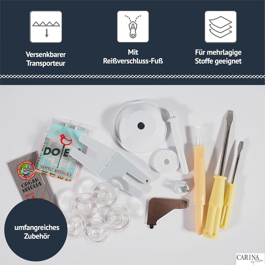 CARINA Nähmaschine De Luxe I 197 Stichprogramme I Einfädelhilfe I 7 Knopflöcher I Nähen ohne Fussanl
