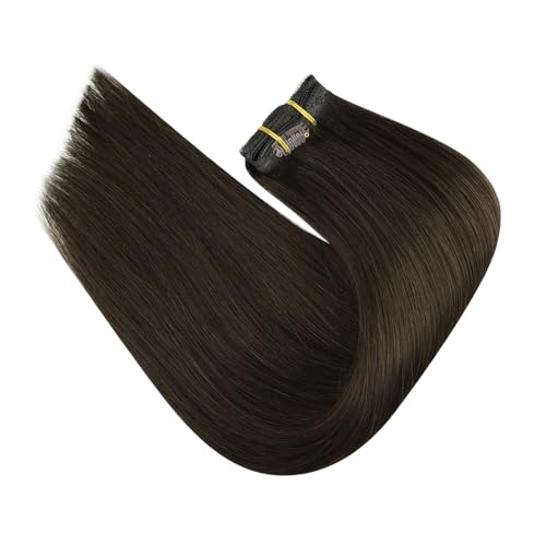 Fshine Echthaar Extensions Clip 45cm Dunkelstes Braun 120 Gramm Doppelt Tressen Haarverlängerung Rem