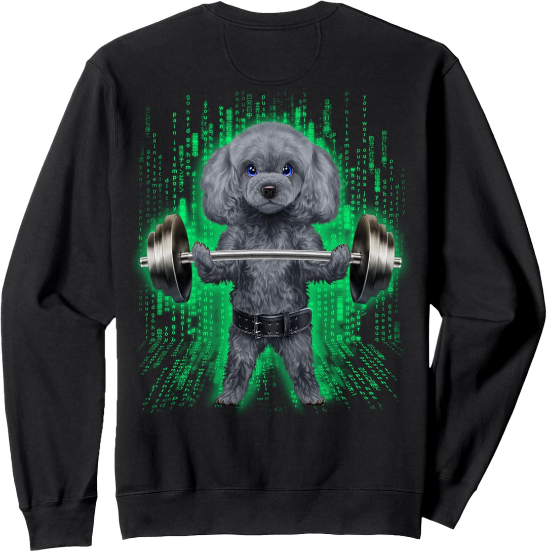 Pudelhund, der Gewichte im Cyber-Fitnessstudio hebt Sweatshirt