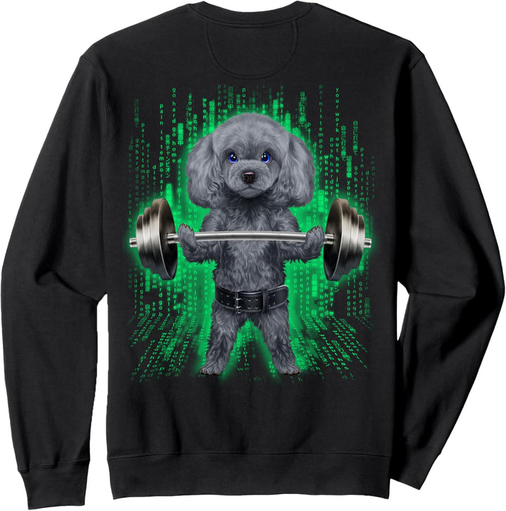 Pudelhund, der Gewichte im Cyber-Fitnessstudio hebt Sweatshirt