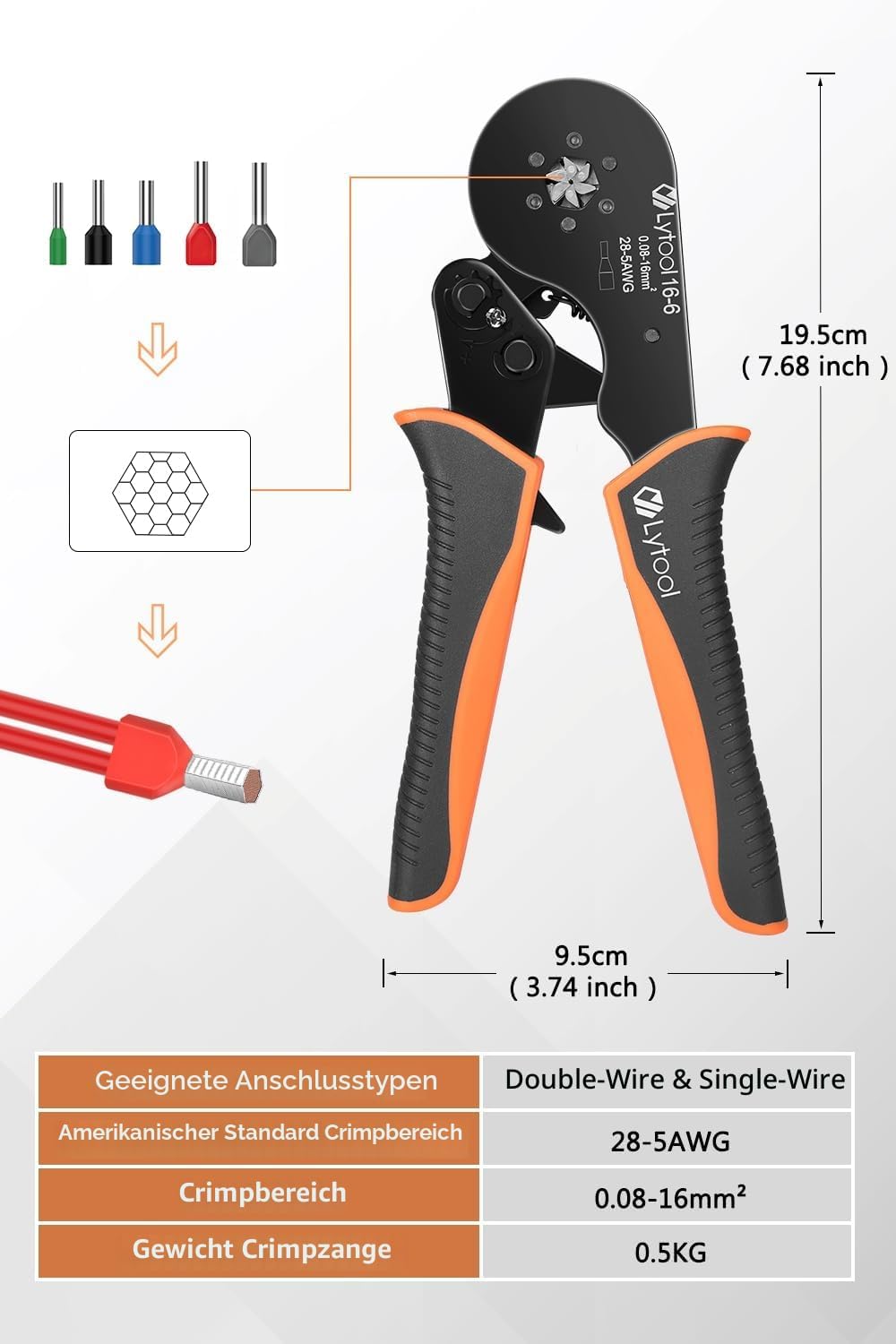 Crimpzange 0.08-16mm², Lytool Aderendhülsenzange Crimp Zange Sechskant Presszange für Isolierte Unis