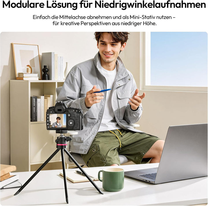 ULANZI TZ01 Carbon Stativ Kamera 160cm, Abnehmbare Mittelachse als Mini Stativ, 360° Kugelkopf mit H