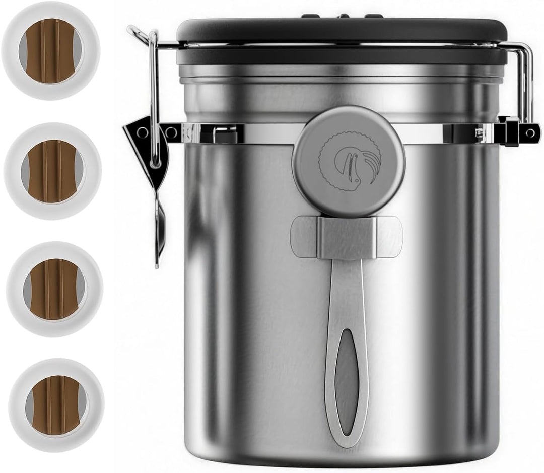 Coffee Gator Kaffee-Kanister mit Datumsanzeige, CO2-Freigabe-Ventil und Schaufel, gross Medium edels