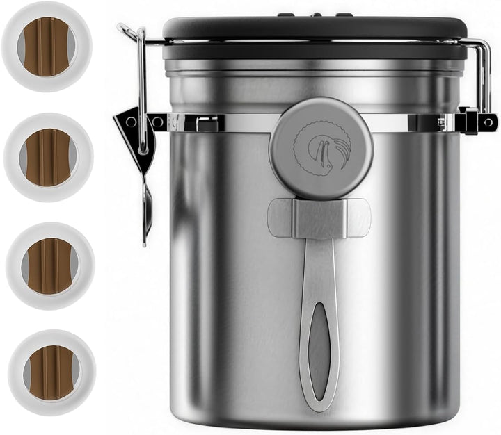 Coffee Gator Kaffee-Kanister mit Datumsanzeige, CO2-Freigabe-Ventil und Schaufel, gross Medium edels