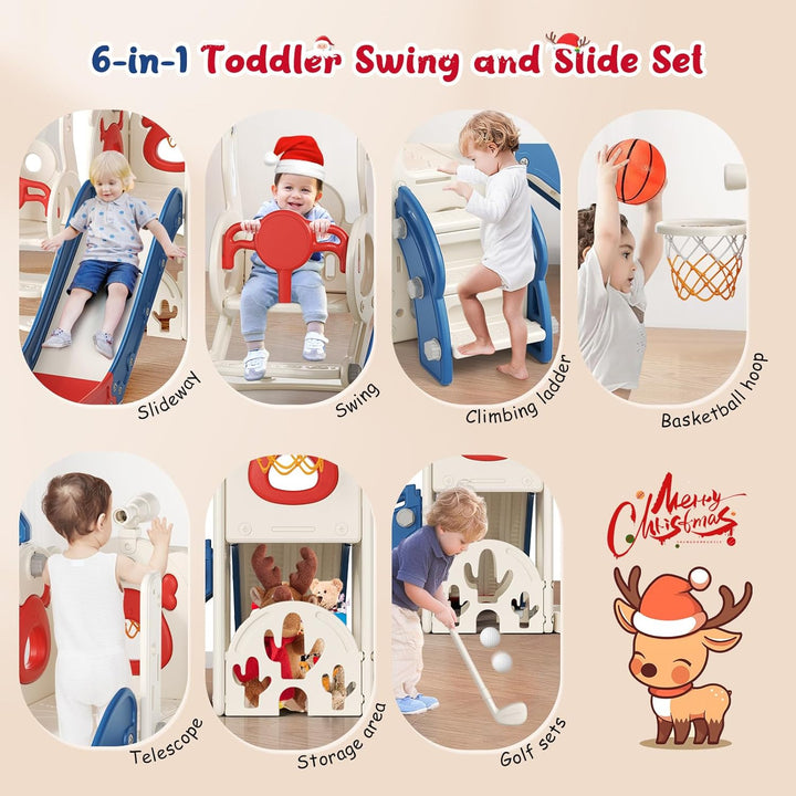 Krovtoy 6-in-1-Kleinkindrutsche, Kleinkindrutsche mit Weihnachtselchmotiv und Schaukelset, Babyrutsc