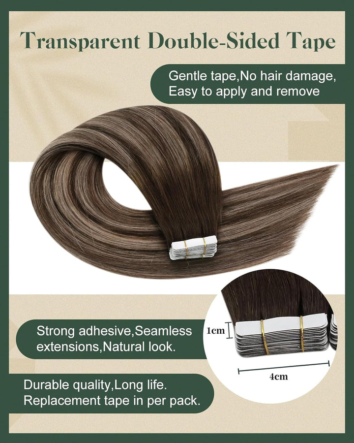 Ugeat Tape in Extensions Echthaar 50 cm Extensions Echthaar Tape in Balayage Dunkelbraun mit Aschblo