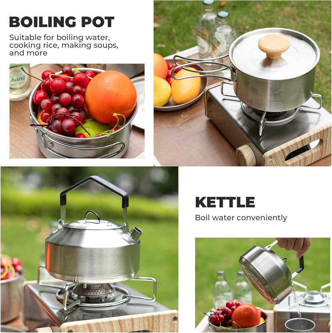 Camping Kochgeschirr Set Campinggeschirr mit Topf 1,5L und Teekessel 1,1L, Kompaktes Platzsparend St