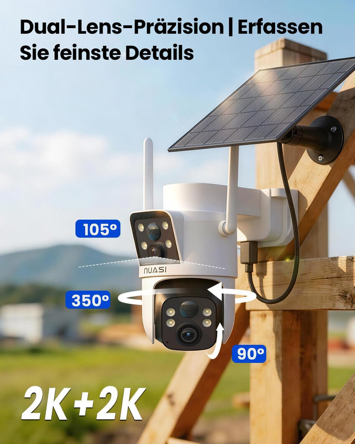 4G LTE Solar Überwachungskamera Aussen, 2K+2K Dual-Lens | PTZ Kamera, No WLAN kabellose Aussenkamera