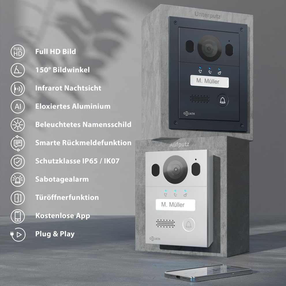 GOLIATH Basic Video Türsprechanlage, 2 Draht Bus, 7" Monitor, Unterputz Türklingel mit Kamera, Gegen
