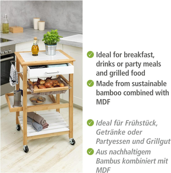 WENKO Küchenwagen Finja, Servierwagen aus nachhaltigem Bambus/MDF im Scandi-Style, Beistellwagen mit