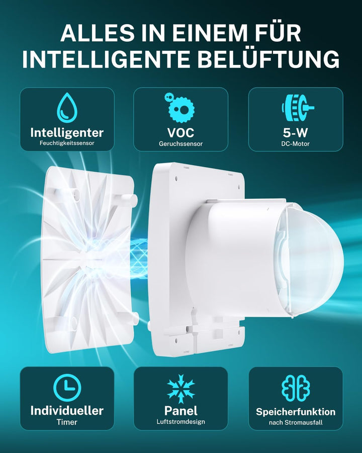 HG Power Badlüfter 102mm mit Feuchtigkeitssensor VOC-Sensor, Nachlauf-Timer 100mm Timer + Sensoren,