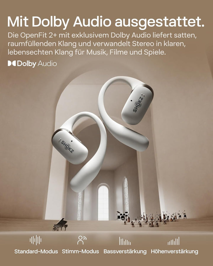 SHOKZ OpenFit 2+ Neu Open-Ear-Kopfhörer, Dolby Audio Ohrbügel-Ohrhörer, 48 Std. Spielzeit, IP55 wass
