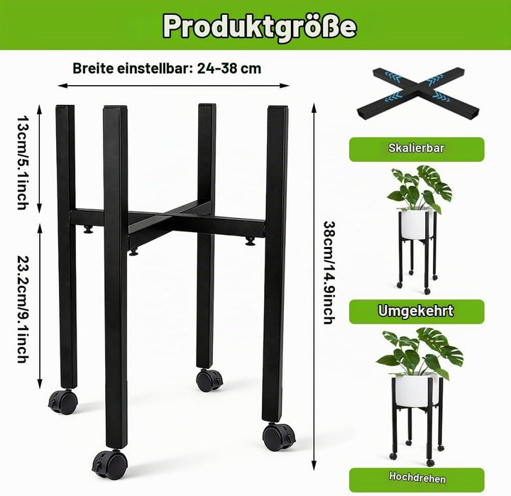 Blumenständer Metall Schwarz Verstellbar mit 4 Rollen, Blumenhocker &amp; Pflanzenständer Hoch für Töpfe