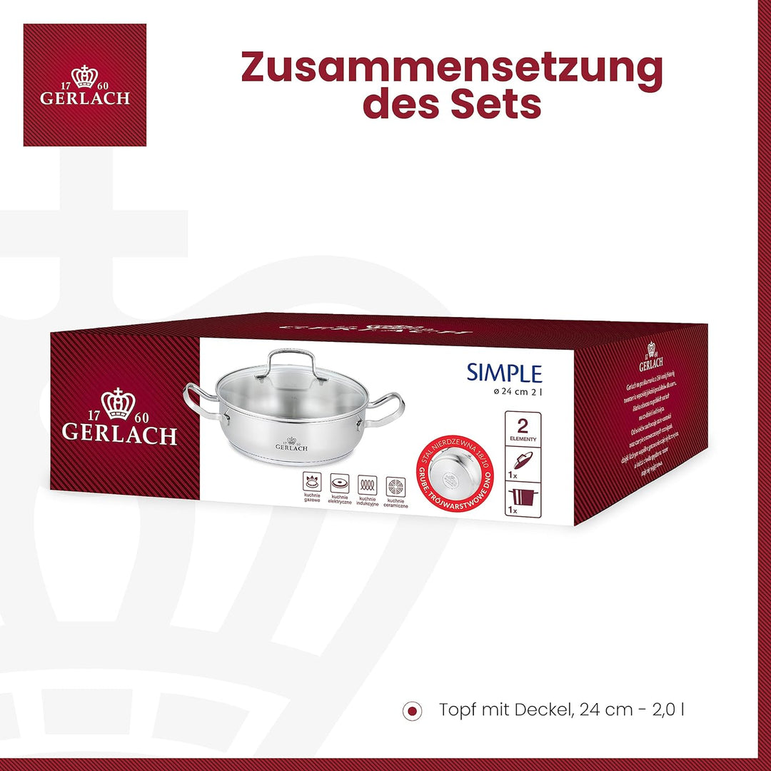 Gerlach Simple Topf 2L aus Edelstahl Kochtopf Klein mit Deckel Durchmesser 24 cm Töpfe Kochtöpfe mit